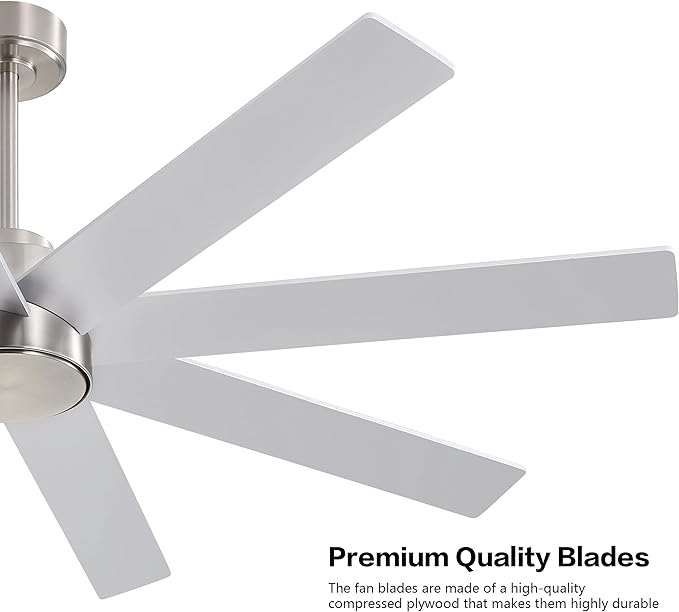 WINGBO 60" Large DC Ceiling Fans without Lights, 3 Downrods, 8 Plywood Blades, 6-Speeds Reversible DC Motor, Indoor Ceiling Fan No Lights for Bedroom Living Room Patio, Brushed Nickel and Silver