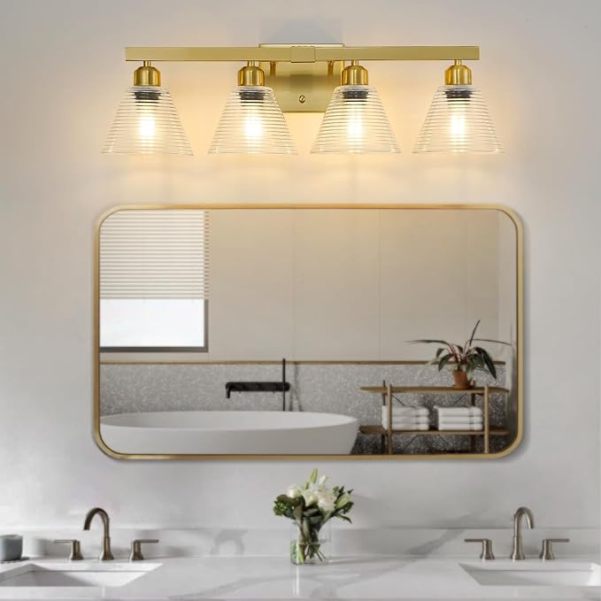 4-Light Modern Bathroom Light Fixtures, Gold Bathroom Vanity Lights with Clear Glass Shade, Farmhouse Wall Sconces for Mirror Kitchen Bedroom Living Room