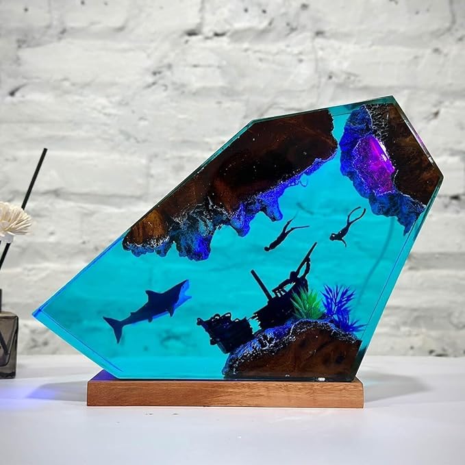 Shark Ocean Resin Lamp, Handmade Resin Night Light for Home Office Decor, Multi-Color LED Light with USB Port, Shark Gifts for Women & Men, Birthday Holiday Marine Biology Gifts for Kids (10"x6")