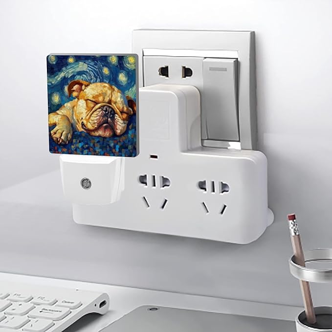 LED Night Lights Plug into Wall,Starry Night Sleeping Bulldog Decorative Night Lights Plug into Wall with Auto Light Sensor for Boys Girls Bedroom Decorative Nightlight Led Lamp