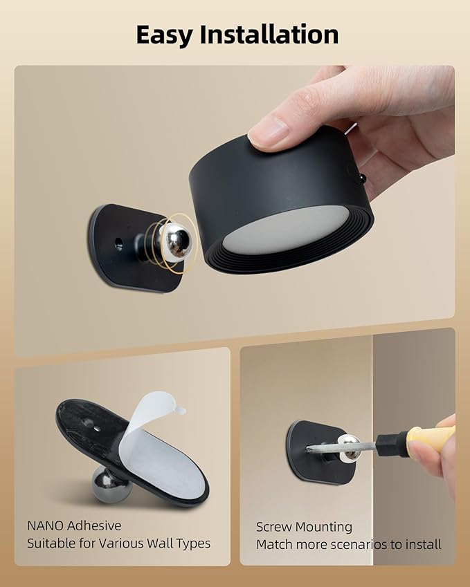 LED Wall Mounted Lights, Rechargeable Wall Sconces Lamp, 3 Color Temps & Remote and Touch, 360°Rotation Dimmable Cordless Wall Light for Study Bedroom Reading Bedside(Black, 1 Pack)