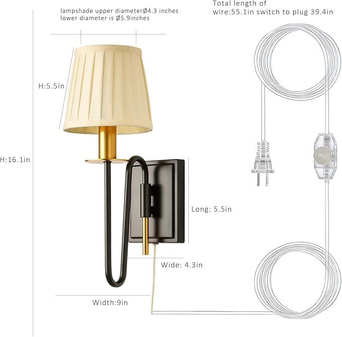 Plug in Dimmable Wall Lamp,Plug-in or Hardwired Installation Wall Sconce with Beige Pleated Fabric Shade for Wall Painting,Modern Living Room, Bedroom, Hallway,Led Bulbs Included-(Black)