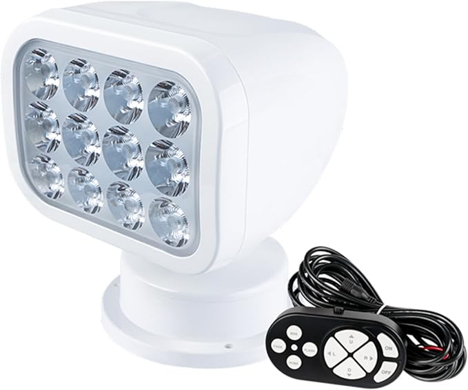 SEAFLO 360° Rotating Remote Control LED Searchlight, 10-30V, Auto-Reset, IP66 Waterproof, Marine Spotlight for Boats, Truck, Vehicles, CE & Rohs Certified (Wired Remote/White//Warm Light 2700K)