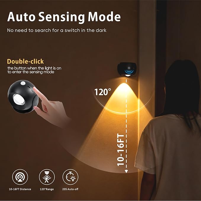 350° Rotatable Motion Sensor Wall Sconce - Wireless Magnetic 3 Color Modes & Stepless Dimming, Rechargeable Battery for Closet/Hallway