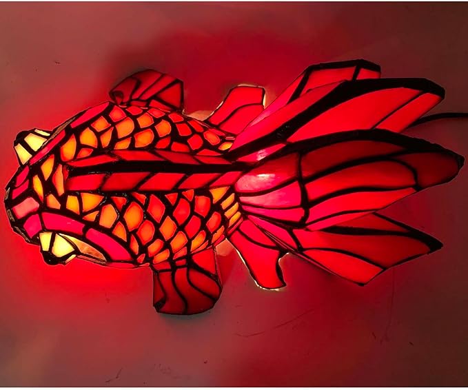 Bieye L10827 Red Telescope Fantail Goldfish Tiffany Style Stained Glass Table Lamp for Home Décor