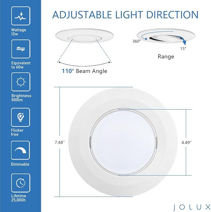 Jolux 6-Pack 5/6 Inch 5CCT LED Can Light Gimbal Retrofit Recessed Downlight, Adjustable Angle, Recessed Lighting CCT Selectable 2700K/3000K/3500K/4000K/5000K,12W=60W,800LM, Dimmable, E26 Base…
