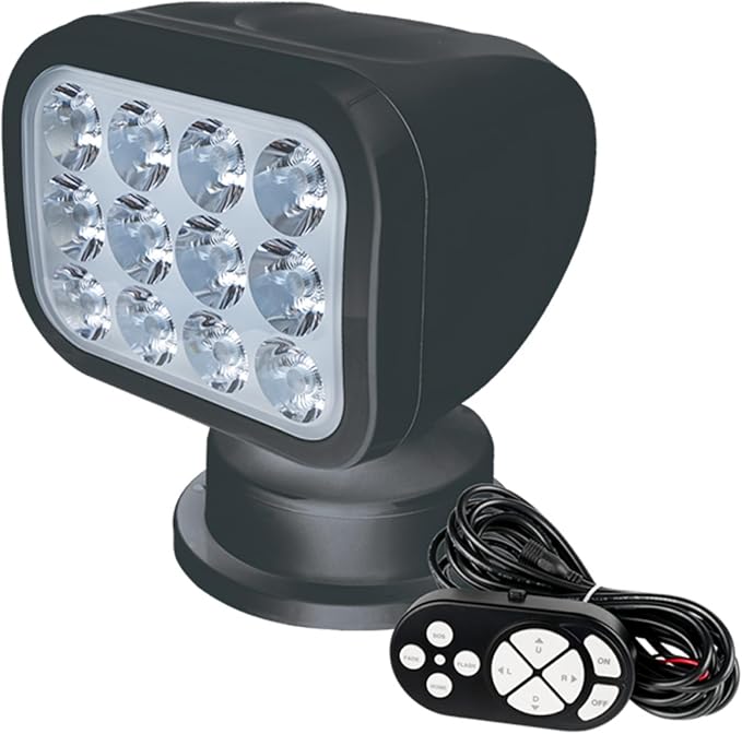SEAFLO 360° Rotating Remote Control LED Searchlight, 10-30V, Auto-Reset, IP66 Waterproof, Marine Spotlight for Boats, Truck, Vehicles, CE & Rohs Certified (Wired Remote/Black//Warm Light 2700K)