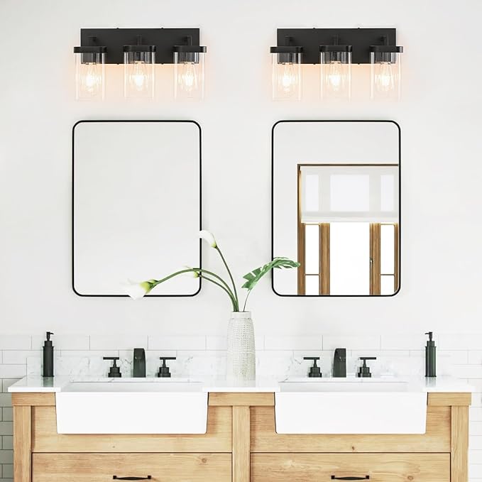 3-Light Bathroom Lighting Fixtures over Mirror, Matte Black Vanity Lights with Square Transparent Glass Shade. Modern Bathroom Vanity Light for Mirror Kitchen, Living Room, Gallery, Hallway