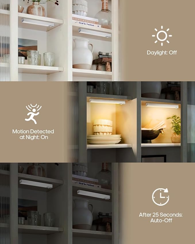 Led Under Cabinet Lights Wireless, 7’’ Rechargeable Motion Sensor Light Indoor, Dimmable Closet Lights for Cabinets, Bookshelf, Stair, Hallway Warm White 3 pcs