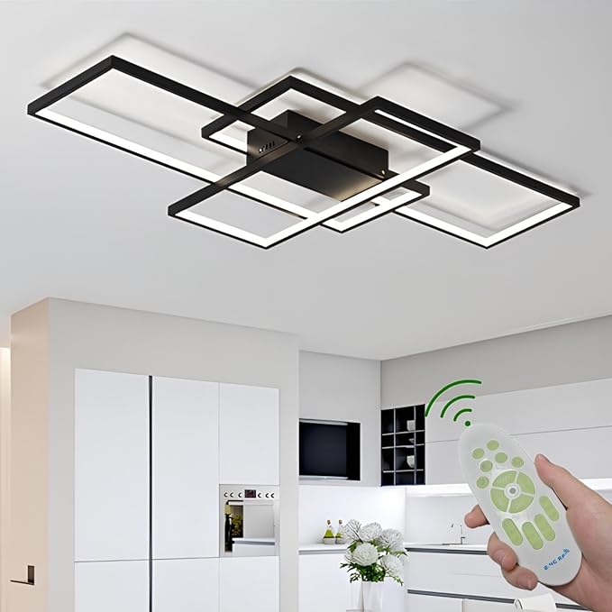 Flush Mount Modern LED Ceiling Light Fixture,With remote control Dimmable 3 Color Selectable Ceiling Lamp Ceiling Light for sitting room Kitchen Bedroom Hallway Porch (Black, 31.5*17.7*3.5 IN)