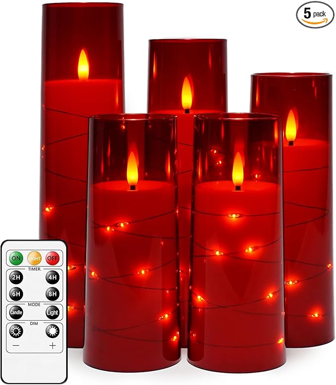 Flameless LED Candles with Timer 5 Pc Flickering Flameless Candles for Romantic Ambiance and Home Decoration Stable Acrylic Shell,with Embedded Star String，Battery Operated Candles（Red）