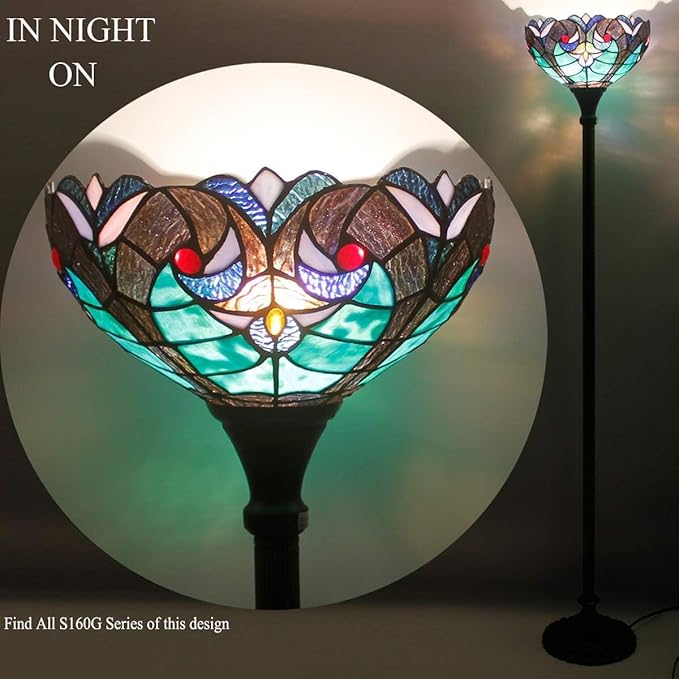 WERFACTORY Tiffany Floor Lamp Green Liaison Stained Glass Light 12X12X71 Inches Pole Torchiere Standing Corner Torch Uplight Decor Bedroom Living Room Home Office S160G Series