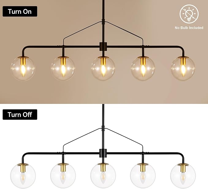 Linear Chandeliers for Dining Room Light Fixtures Over Table Hanging, 5-Light Modern Kitchen Chandelier, Industrial Black and Gold Island Lights with Clear Globe Glass Shades