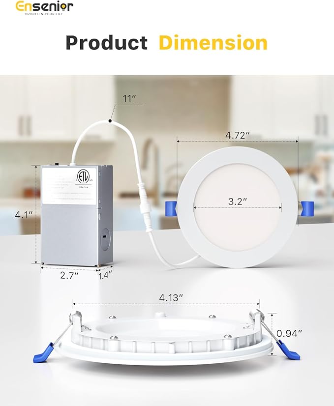 Ensenior 16 Pack 4 Inch LED Recessed Ceiling Light, Dimmable, 3000K Warm White, 750LM 9W 120V, High Brightness Canless Wafer Downlight - ETL&FCC&IC