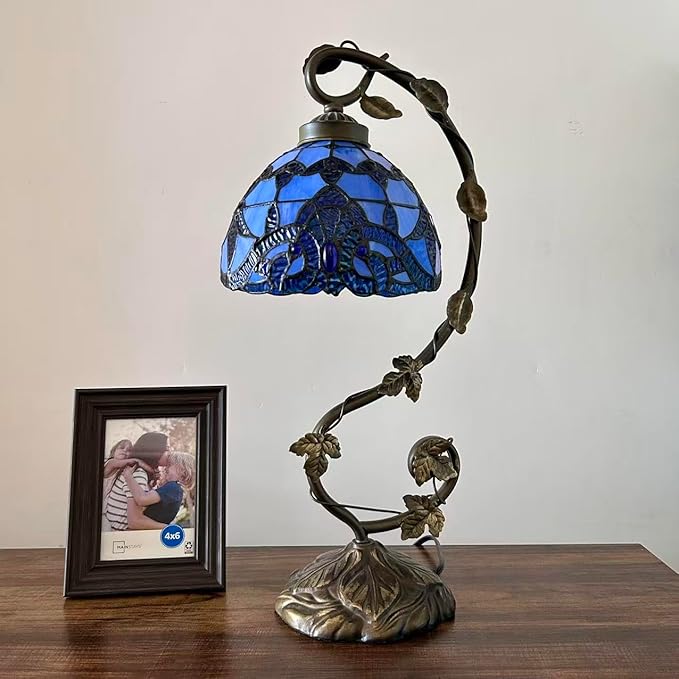 Stained Glass Table Lamp Blue Baroque Style Iron Metal Leaves Bronze Base Included LED Bulb for Living Room Bedroom Bedside 11" W*8" D*21" H