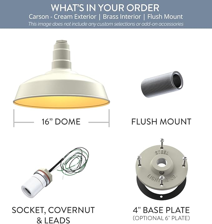 Steel Lighting Co. Carson Barn Light | Ceiling Mounted Pendant | 16 inch Dome | Flush Mount | Industrial Style Steel Light Made in America | Cream Exterior/Brass Interior