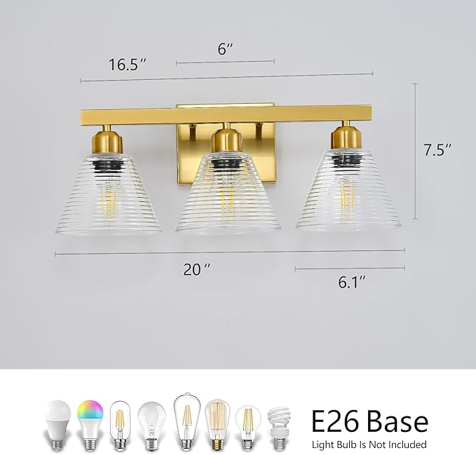 3-Light Modern Bathroom Light Fixtures, Gold Bathroom Vanity Lights with Clear Glass Shade, Farmhouse Wall Sconces for Mirror Kitchen Bedroom Living Room
