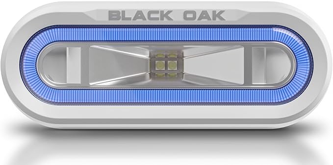 Black Oak Low Pro™ Waterproof Marine Spreader Lights – LED Deck or Dock Light Bar, 2000 Lumens, 120° Beam, IP69K, Bracket Mount (White Housing, Blue Halo)