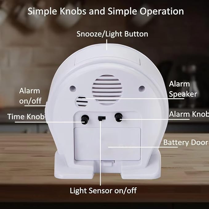 FAMICOZY Automatically Backlighted Alarm Clock,Silent No Ticking for Seniors Vision Impaired,Easy to Set,Big Numbers,Ascending Alarm,Gentle Wake,Snooze,2 AA Battery Operated,White