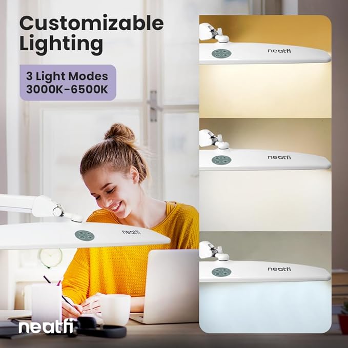 Neatfi Elite HD XL Task Lamp, 3 Adjustable Light Modes, 22 Inches Wide, 2260 Lumens, 84PCS SMD LED, Super Bright Desk Light, Non-Polar Dimming (CCT with Clamp, White)