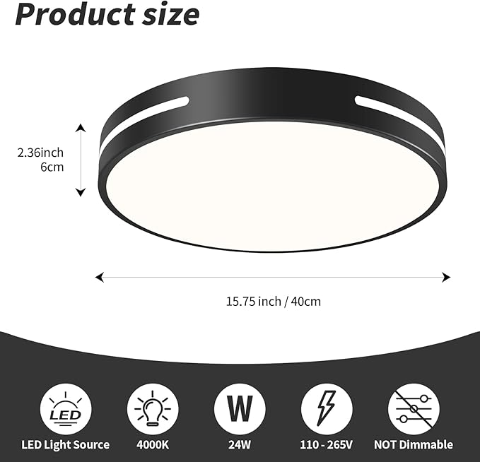 Modern Black Flush Mount Ceiling Light Mid-Century LED Ceiling Light Bedroom Light Fixture Minimalist Ceiling Lamp for Living Room Kitchen Hallway Bedroom 15.75 Inch