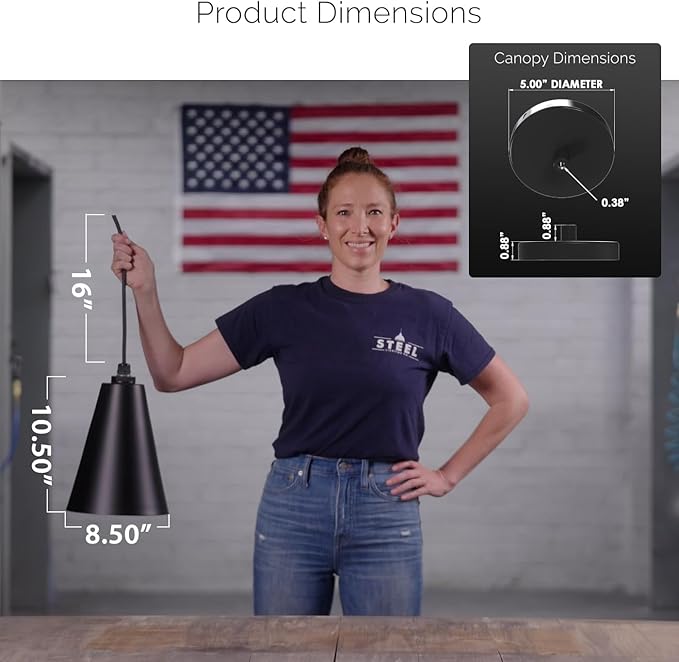 Steel Lighting Co. Laurel Pendant Light | Ceiling Mounted | 8.5 inch Cone Shade | Modern Contemporary Farmhouse Style Made in America | Gold Cloth Cord | Matte Black Exterior/Matte Black Interior