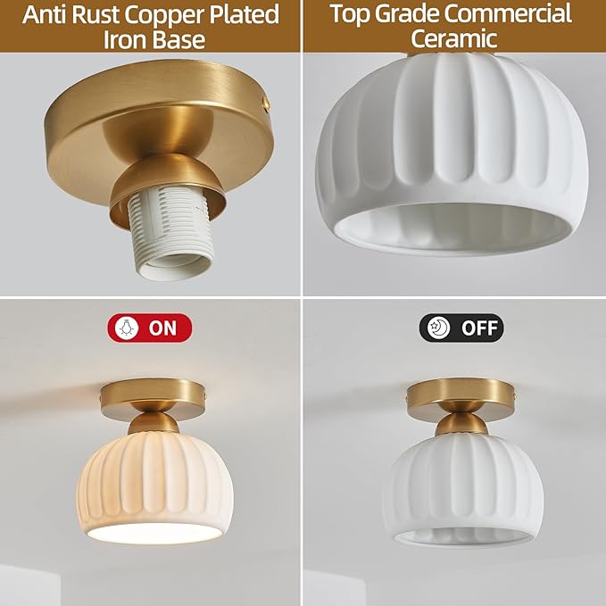 2 Pack White Ceramic Gold Base Semi Flush Mount Ceiling Light Vintage Hallway Light Fixtures, Modern Small Flush Mount Ceiling Light Lamp for Hall Kitchen Entryway Passway Porch Foyer