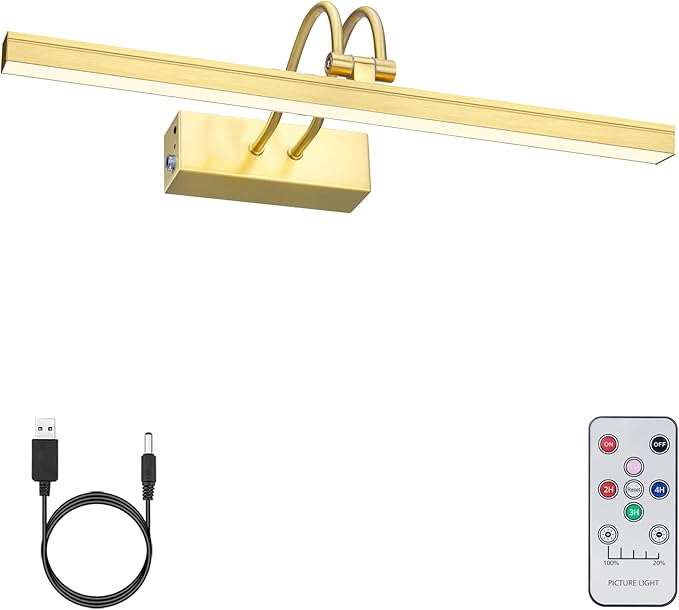 FUNCHDAY Picture Light Wireless, 13inch Rechargeable Battery Operated Gallery Painting Light with Remote, 280LM Dimmable Metal Art Lights for Paintings,Wall,Portrait (Brass)