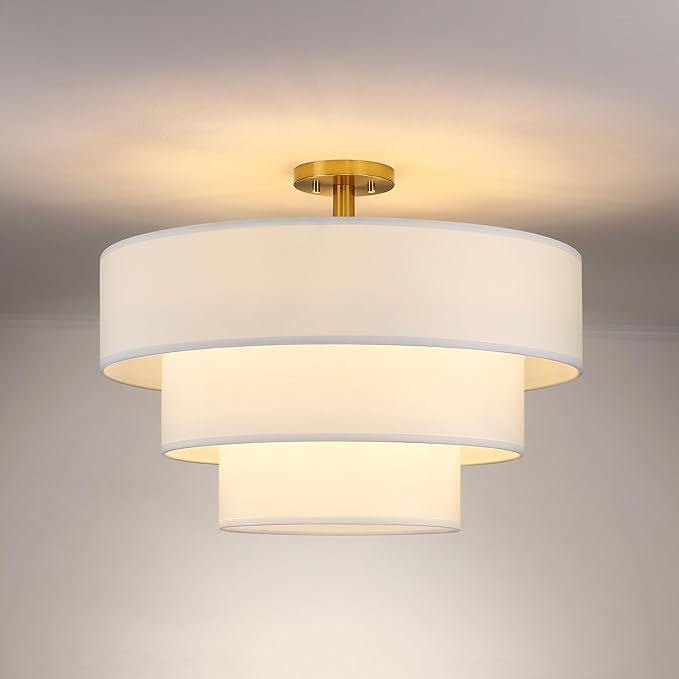 Doraimi Lighting 3 Tier White Linen Drum Fabric Semi Flush Mount Light Modern Farmhouse Decor 7 Light 24 Inch Retro Gold Finish for Kitchen Living Room Dining Room Corridor Hallway