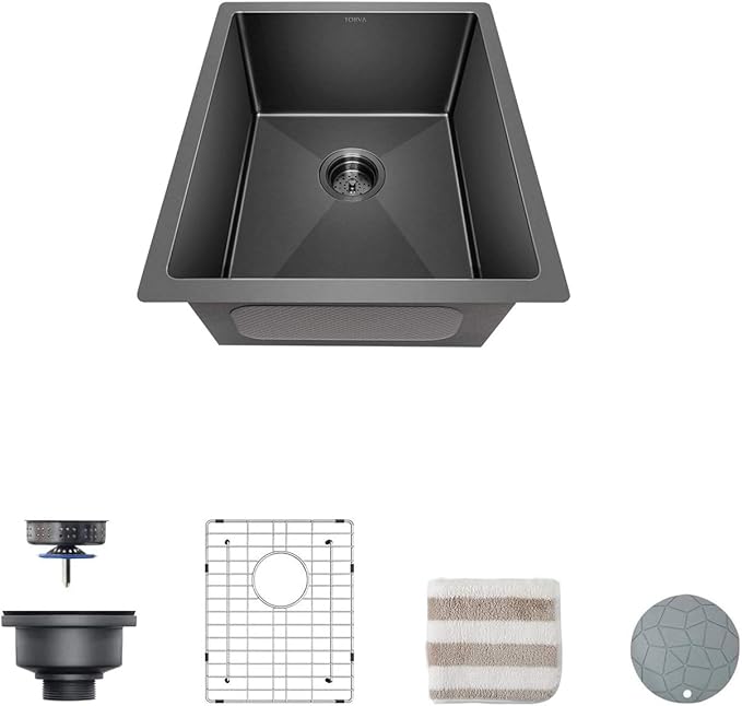 TORVA 17-Inch Gloss Black Ceramic Coating with NanoTek Undermount Kitchen Sink, PVD Coated Gunmetal Sink,16 Gauge Stainless Steel Single Bowl - 17 x 19 x 9 Inch Deep Bar/Prep Basin, Dark Gray