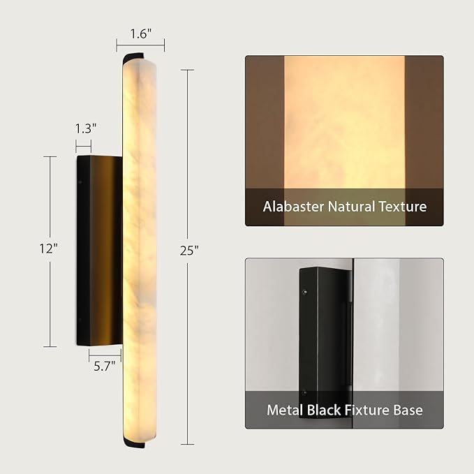 Alabaster Wall Sconces Set of Two, 25in Black Alabaster Sconce, Modern Spanish Natural Marble Sconces Lights, Rectangle Sconces for Bathroom Vanity Bedroom Living Room Staircases Hallway