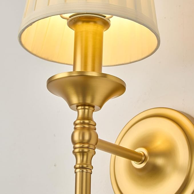 Plug In Dimmable Wall Lamp,Plug-In or Hardwired Installation Wall Sconce with Beige Fabric Pleated Shade for Wall Painting,Modern Living Room, Bedroom, Hallway,Led Bulbs Included-(Copper Color)