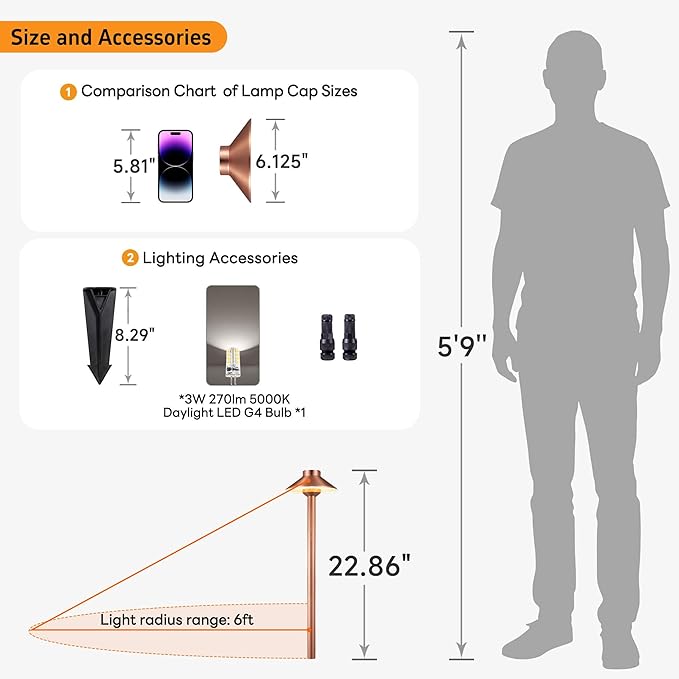 Gardenreet Brass Copper Low Voltage Pathway Lights, Waterproof Landscape Outdoor Path Light, 12V LED Bronze Hat Top Driveway Lamp for Garden Yard House with 3W 270LM 5000K G4 Bulb 6 Pack