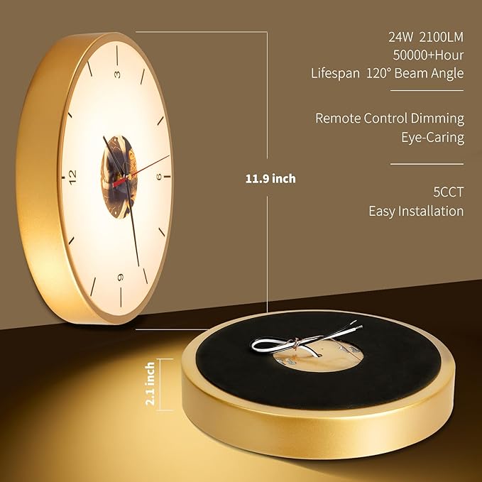 Gold Flush Mount Ceiling Light, Wall Mounted Clock 12 inch LED Dimmable Ceiling Lamp with Remote Control, Silent and No Ticking Sound Light Fixture for Bedroom Foyer Entryway Hallway ﻿