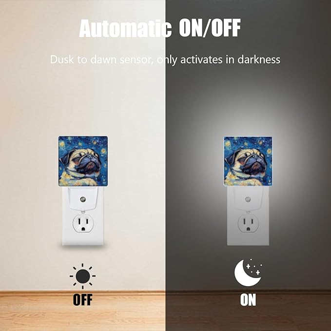 LED Night Lights Plug into Wall,Starry Night Snoring Pug Decorative Night Lights Plug into Wall with Auto Light Sensor for Boys Girls Bedroom Decorative Nightlight Led Lamp