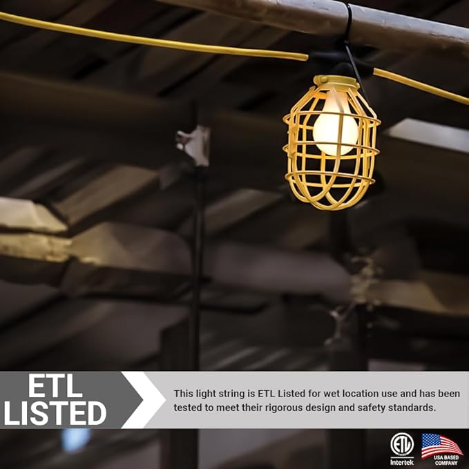 Sunlite Construction Cage String Lights, 50ft, 5 Medium Base Sockets (E26), 75W Max per Bulb (Bulbs Not Included), ETL Rated, Indoor/Outdoor Jobsite, Attic and Crawl Space Lights