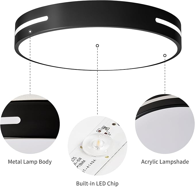 Modern Black Flush Mount Ceiling Light Mid-Century LED Ceiling Light Bedroom Light Fixture Minimalist Ceiling Lamp for Living Room Kitchen Hallway Bedroom 15.75 Inch