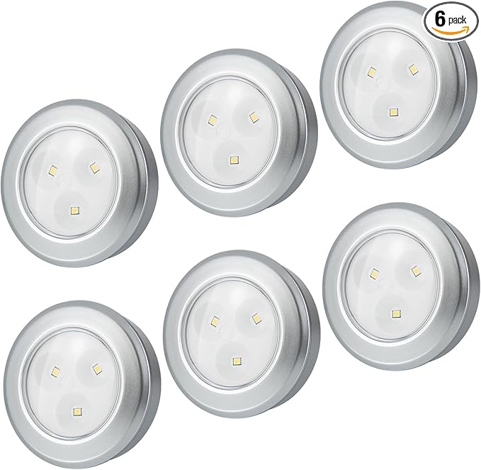 LUXSWAY LED Puck Lights, Battery Operated Tap Lights, Mini Night Touch Light, Stick On Light, Under Cabinet and Counter Lighting for Kitchen Sink, Shelf, 6-Pack, Silver