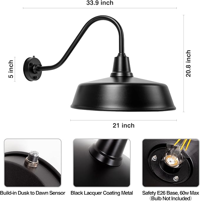 Outdoor Gooseneck Barn Light - Exterior Fixture Sconce Wall Light for Farmhouse, Dusk to Dawn Sensor Front Door Porch Garage Patio Lighting (21 inch（2 PCS）)