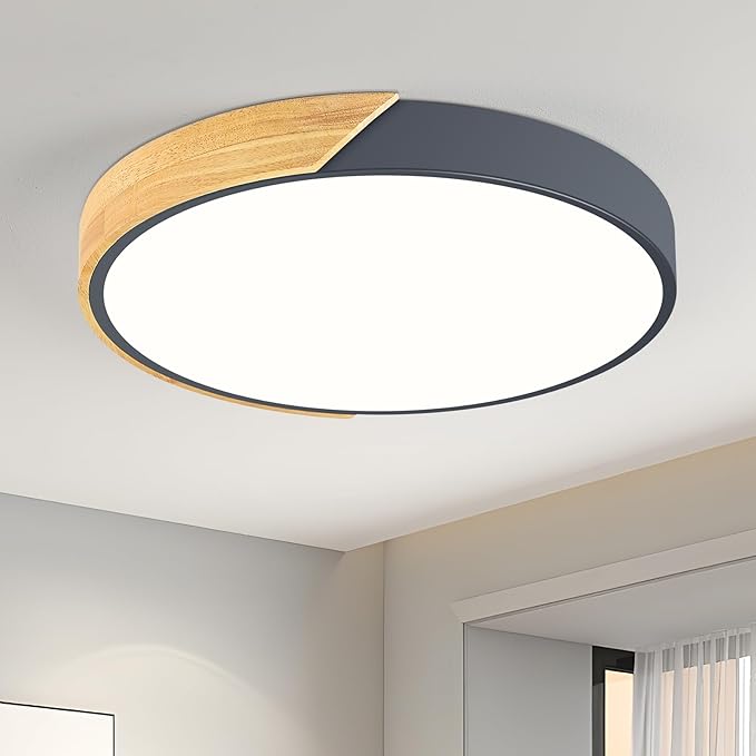 Vikaey Modern LED Ceiling Light, Minimalist Wood Flush Mount Ceiling Light Fixture, 4000K Not Dimmable, Circle Lighting Lamp with Acrylic Lampshade for Bedroom Dining Room Laundry (Grey, 15.8'')