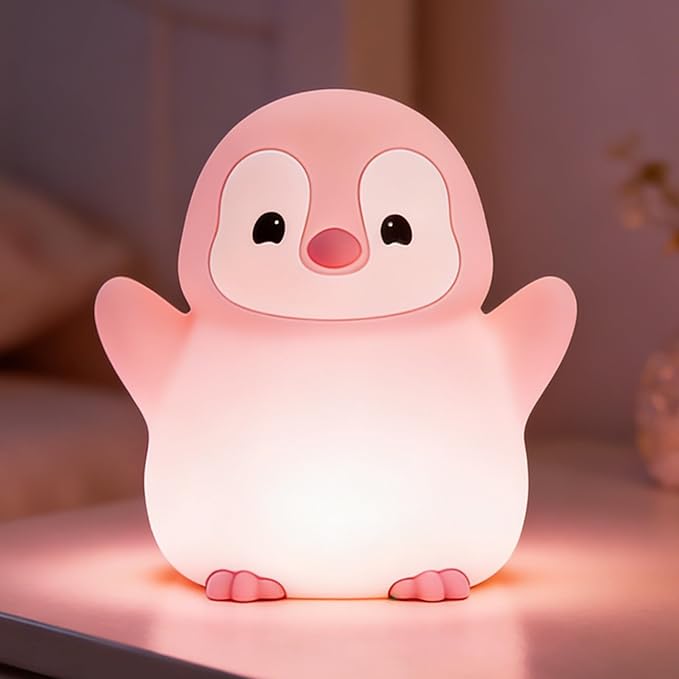 Pink Penguin Night Light,Soft Silicone Nursery Nightlight for Baby,LED Squishy Novelty Animal Bedside Lamp,Rechargeable/Dimmable/Timer,Room Decor, Cute Xmas Gifts for Kids/Girls/ Mom/ Grandma/ Teens