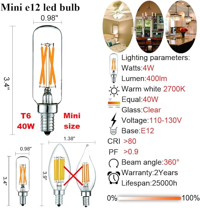 LiteHistory Dimmable t6 led Bulb 40W Candelabra led 2700K Clear 400lm 4W e12 Edison Bulb Warm White 6Pack