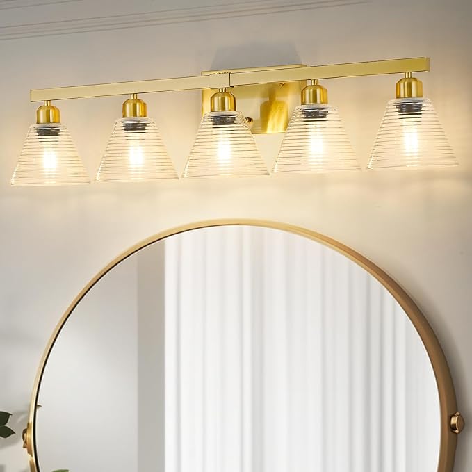 5-Light Modern Bathroom Light Fixtures, Gold Bathroom Vanity Lights with Clear Glass Shade, Farmhouse Wall Sconces for Mirror Kitchen Bedroom Living Room