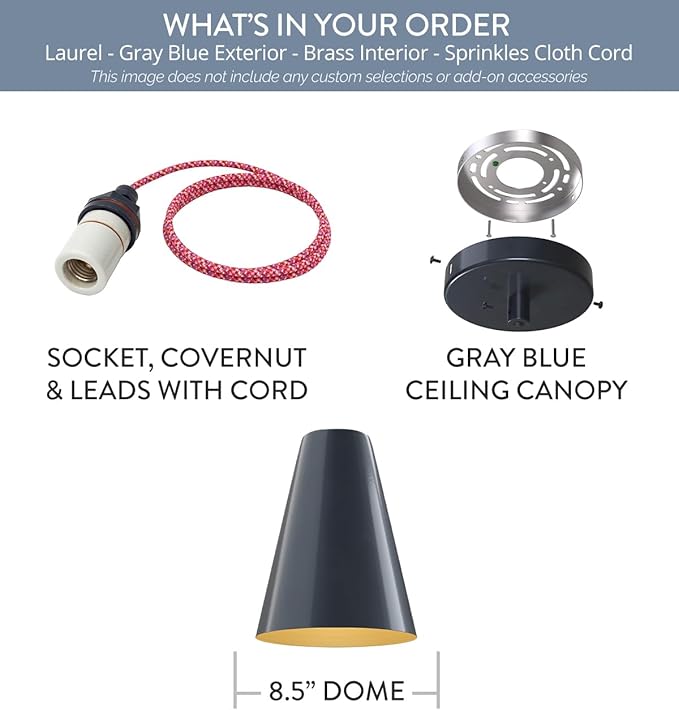 Steel Lighting Co. Laurel Pendant Light | Ceiling Mounted | 8.5 inch Cone Shade | Modern Contemporary Farmhouse Style Made in America | Sprinkles Cloth Cord | Gray Blue Exterior/Brass Interior