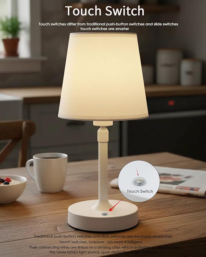Cordless Table Lamp Rechargeable Touch White Mini Small Lamp Adjustable Height 5200mAh Battery Operated with Stepless Dimming Function for Bedroom Nightstand Bathroom Kitchen Counter Home Decoration