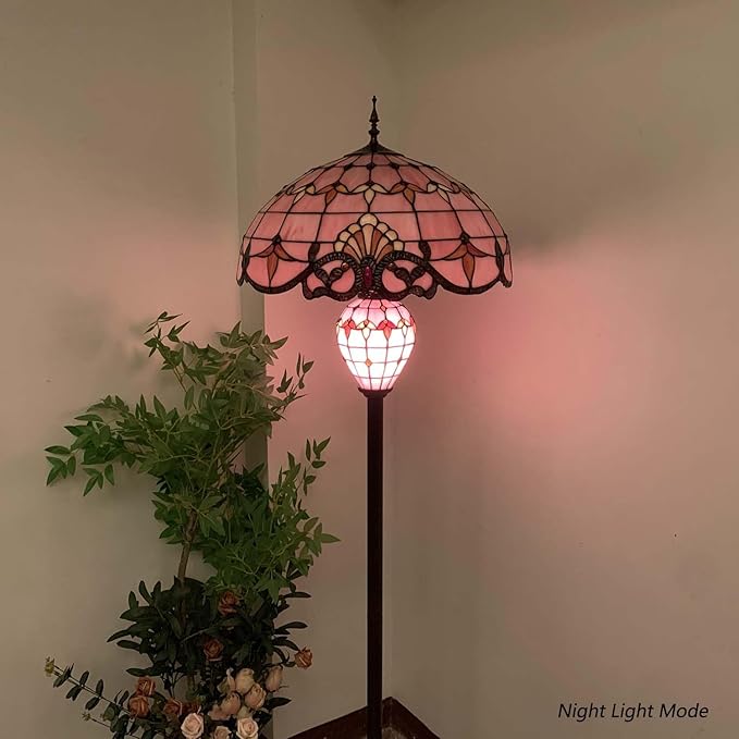 Bieye L10897 Baroque Tiffany Style Stained Glass Double Lit Floor Lamp for Home Decor (Pink, 20-inch Wide)