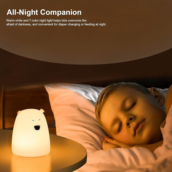 ZKLiLi Night Light for Kids, Cute Night Lamp Battery Powered Night Light for Kids Silicone Soft LED Nightlights, Baby Nursery Squishy Light Birthday Gifts for Girls and Boys (Bear)