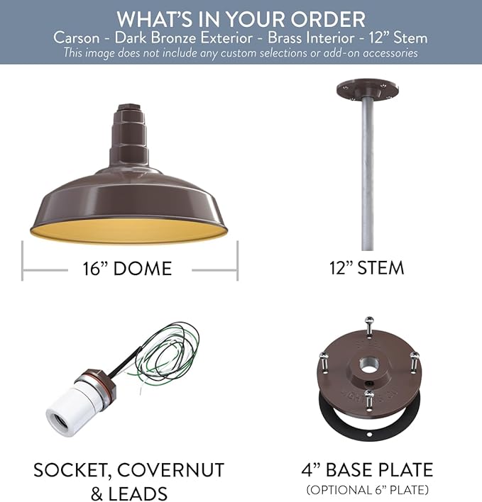 Steel Lighting Co. Carson Barn Light | Ceiling Mounted Pendant | 16 inch Dome | 12 inch Galvanized Stem | Industrial Style Steel Light Made in America | Dark Bronze Exterior/Brass Interior