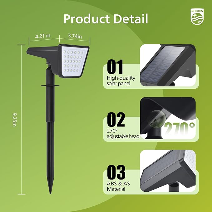 Philips 6 Packs Solar Spot Lights Outdoor Waterproof, 28 LED 7500K Solar Powered Landscape Pathway Lights, Dusk to Dawn Solar Spotlights for Garden, Yard, Lawn, Walkway, Driveway