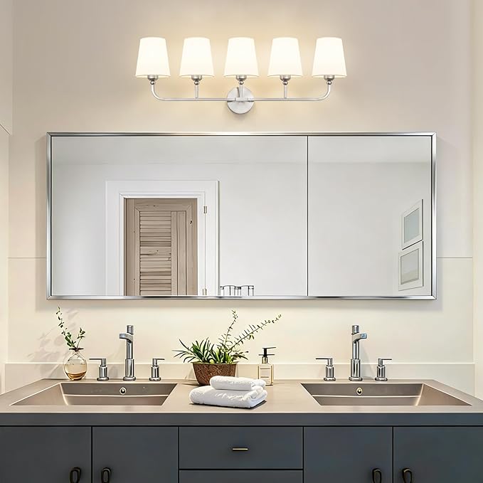 Brushed Nickel Bathroom Light Fixtures,5-Light Vanity Lights,Bathroom Lighting Fixtures Over Mirror with Flared White Fabric Shade,Modern Wall Sconce for Mirror Hallway Bedroom Living Room(ETL Listed)